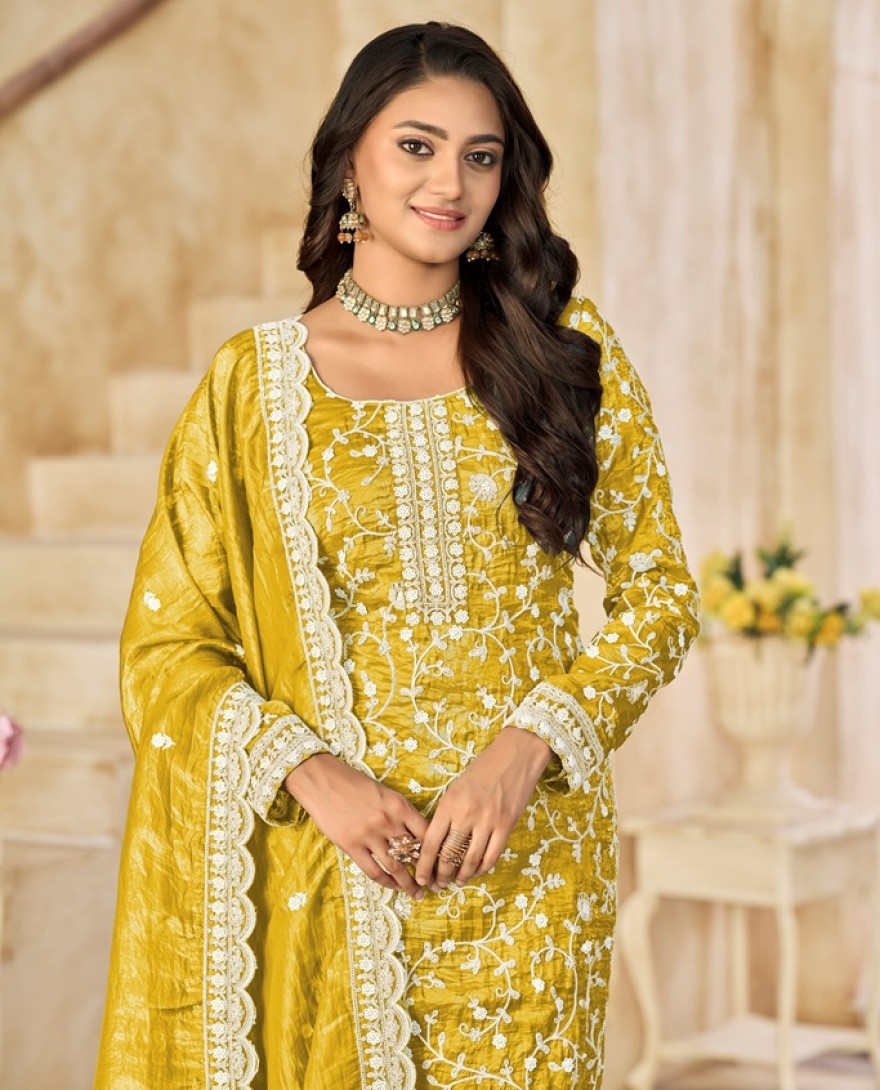227-mustard - Embroidered Work Crush Straight Suit in Mustard for Women
